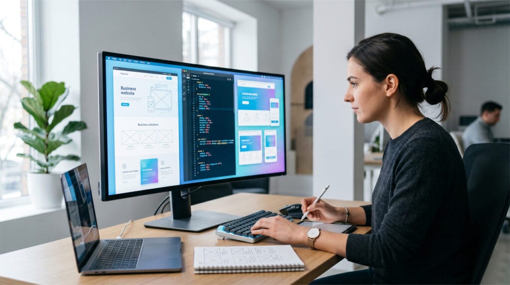 Custom web development illustration showing business growth, scalable website architecture, user experience design, and modern web application development