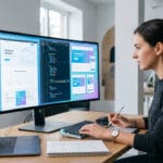 Custom web development illustration showing business growth, scalable website architecture, user experience design, and modern web application development